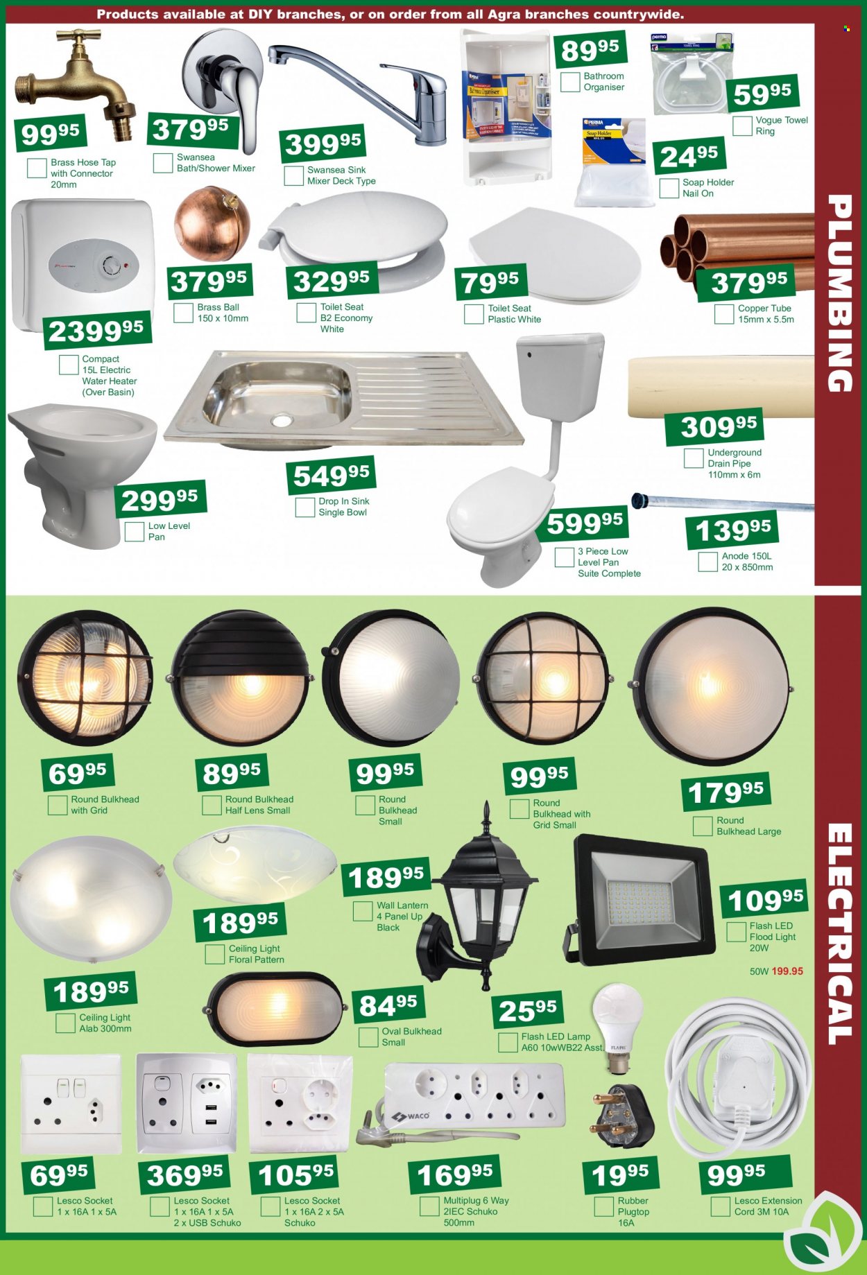 Agra catalogue  - 19/07/2022 - 21/08/2022 - Sales products - toilet seat, shower mixer, pipe, copper tube, eraser, lamp, lantern, ceiling lamp, floodlight, multiplug, extension cord. Page 9.