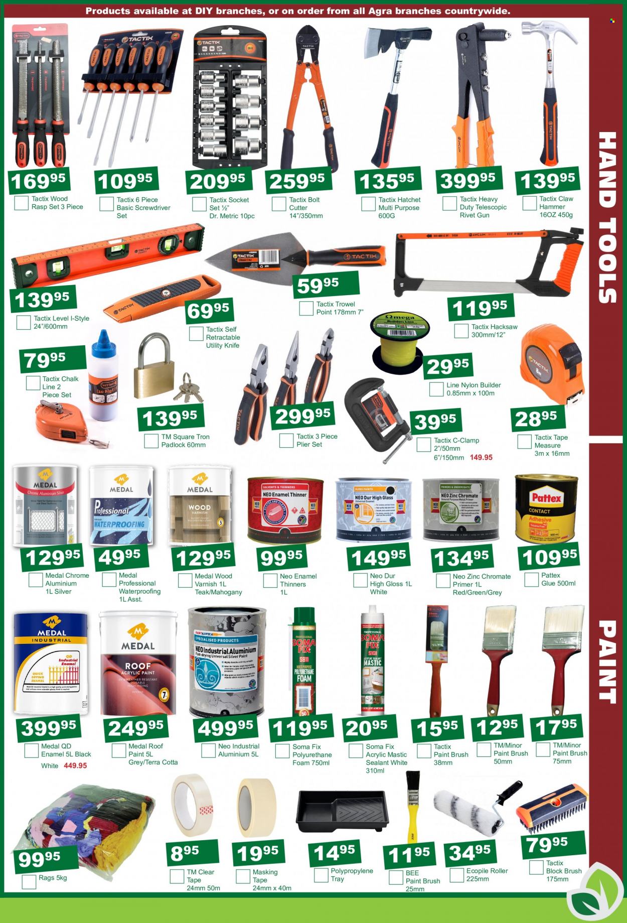 Agra catalogue  - 19/07/2022 - 21/08/2022 - Sales products - paint brush, glue, cutter, masking tape, roller, Medal, screwdriver, hammer, hacksaw, pliers, socket set, claw hammer, bolt cutter, screwdriver set, hand tools, measuring tape, utility knife, zinc, gun, roof paint. Page 11.