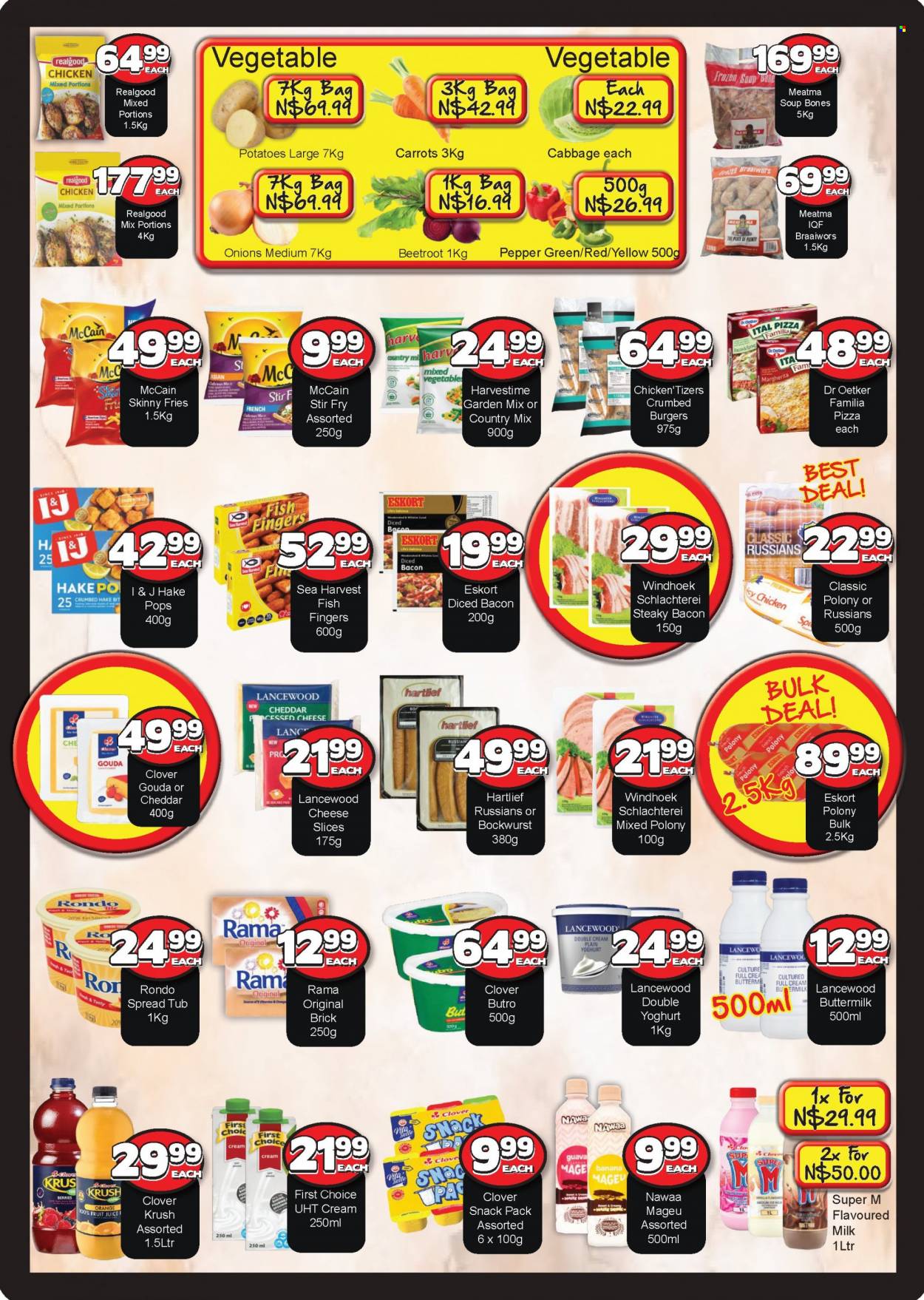 Metro catalogue  - 19/07/2022 - 07/08/2022 - Sales products - cabbage, carrots, potatoes, beetroot, guava, oranges, hake, fish, fish fingers, Sea Harvest, fish sticks, pizza, soup, hamburger, bacon, french polony, polony, Russians, gouda, sliced cheese, Dr. Oetker, Lancewood, yoghurt, buttermilk, flavoured milk, Number 1 Mageu, Rama, mixed vegetables, Harvestime, McCain, potato fries, Ital Pizza, pepper, cloves, fruit juice, juice. Page 2.