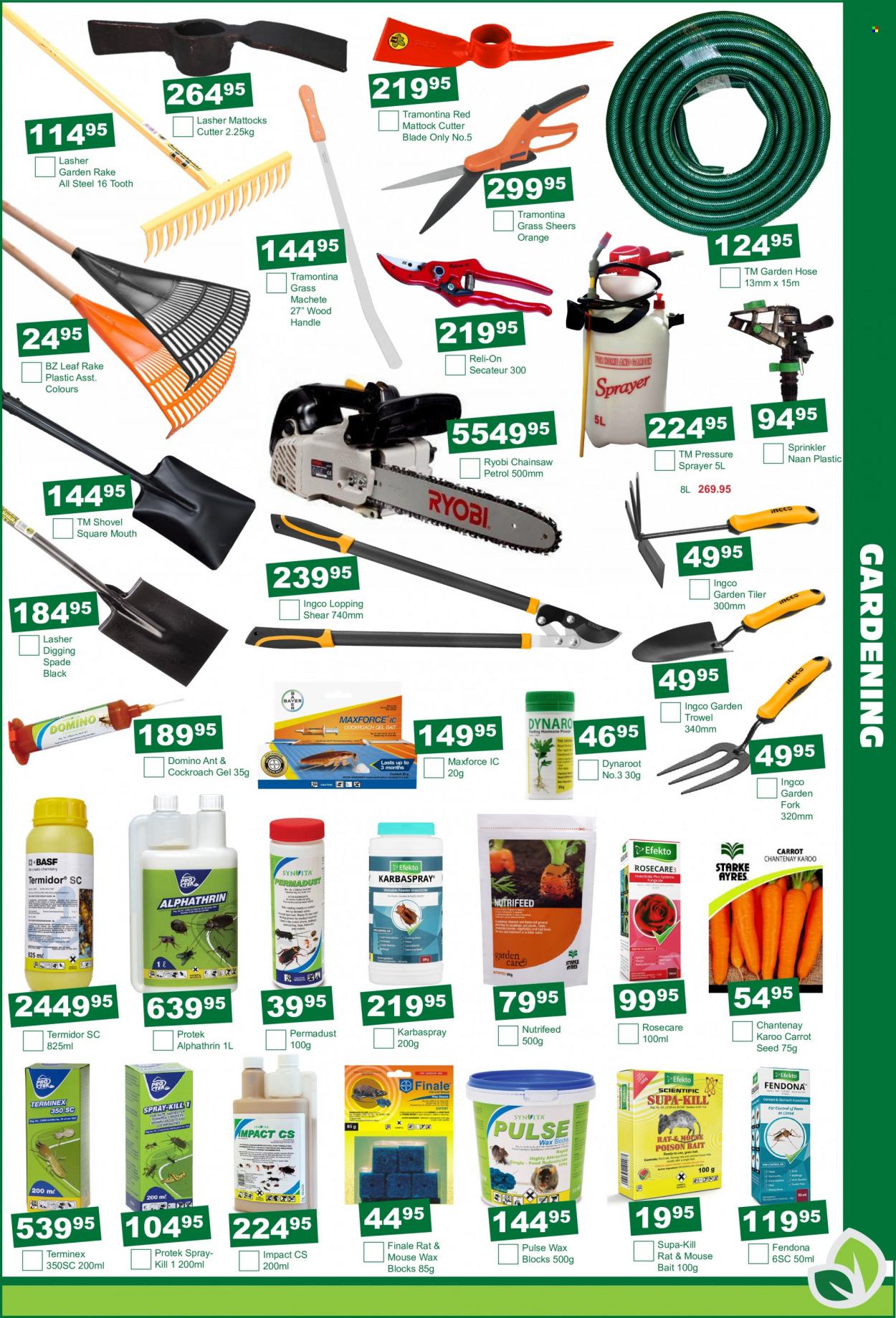 Agra catalogue  - 19/04/2022 - 17/05/2022 - Sales products - cutter, mouse, seed, Ryobi, chain saw, shovel, spade, pitchfork, sprayer, garden hose. Page 5.